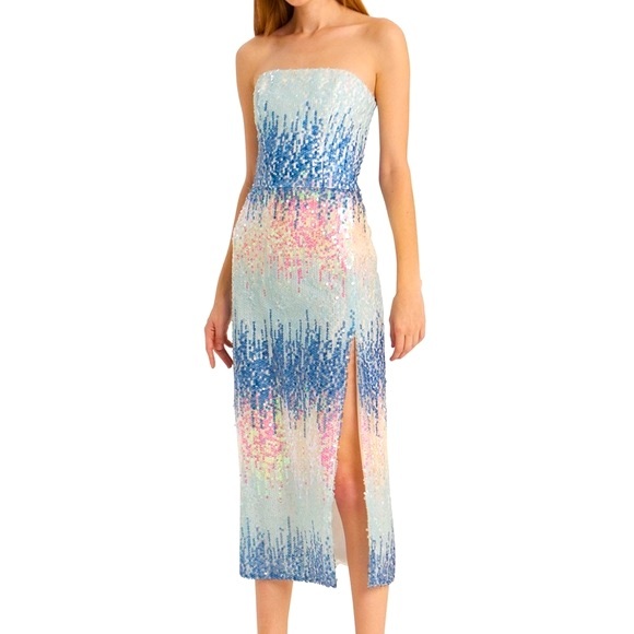 ML Monique Lhuillier x BHLDN Blue Mist Ombre 14 / Lg Blue Pink Strapless Formal - Picture 7 of 13